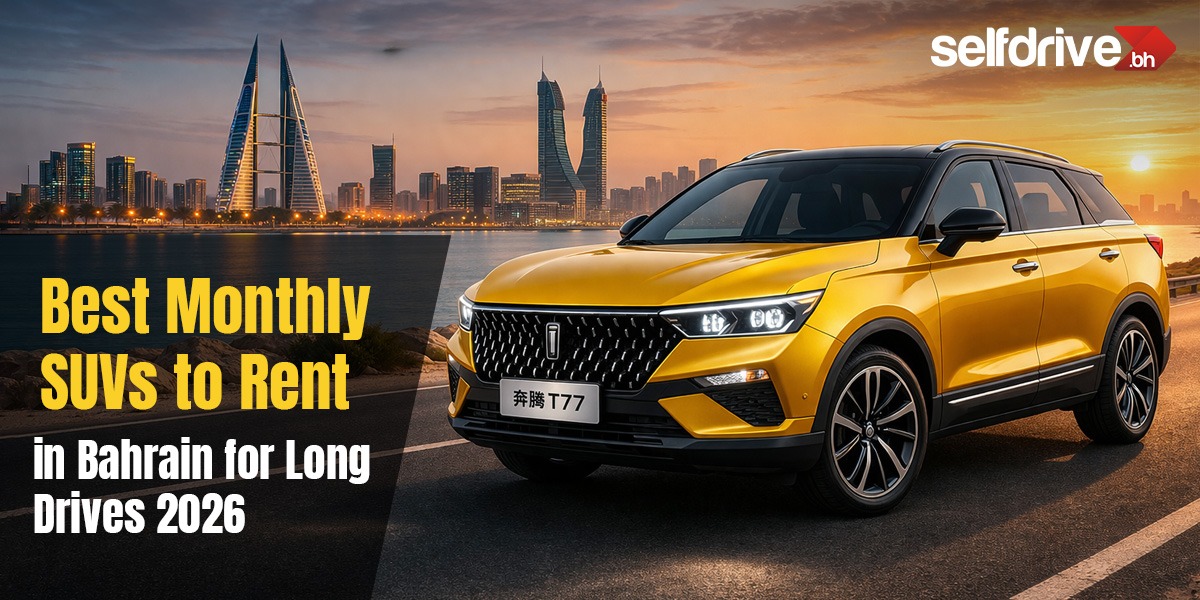 Yellow SUV parked with a modern city skyline at sunset in the background. Text reads â€œBest Monthly SUVs to Rent in Bahrain for Long Drives 2026.â€